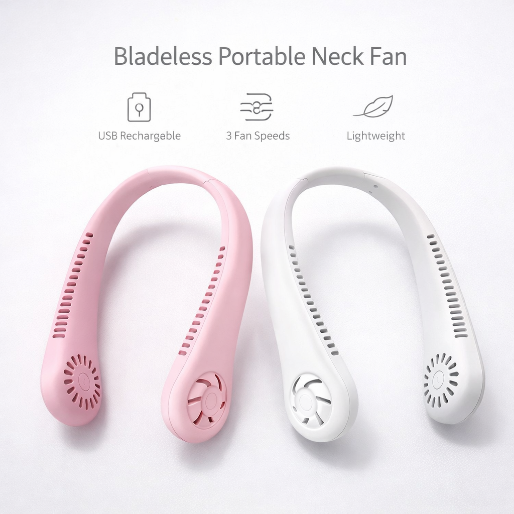 Portable Bladeless Neck Fan – USB Rechargeable, Adjustable Speeds, Personal Cooling for Indoor & Outdoor Use